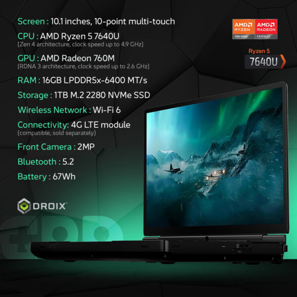 The GPD Win Max 2 (2023) is a powerful handheld gaming PC with a 10.1-inch 10-point multi-touch display. It features 16GB RAM, up to 2TB SSD NVMe storage, and is powered by a Ryzen 5 7640U CPU with an AMD Radeon 780M GPU. The device supports WiFi 6, a 4G LTE module for connectivity, and Bluetooth 5.2, showcasing its advanced hardware and connectivity options.