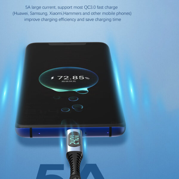 A close-up of the cable charging a smartphone. The digital display on the cable shows a 5A current with a message indicating fast charging, as the phone’s battery percentage is displayed at 72.85%.
