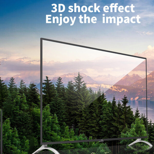 A large TV screen showcasing a 3D shock effect, surrounded by a lush forest landscape, highlighting the impressive impact and immersive viewing experience.