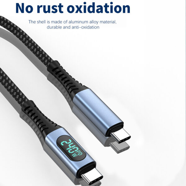 A close-up image of a Type C digital cable with aluminum alloy connectors. The cable is designed to prevent rust and oxidation, featuring a digital display that shows the power usage, specifically 240W PD charging.
