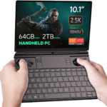 GPD-WIN-MAX-2-2024-LISTING-NEW-DONE-01.64-2 - GPD | PC Gaming Handhelds & Mini Laptops The GPD Win Max 2 (2024) is shown running The Witcher game on its display. The device features impressive specifications, including up to 64GB of RAM, up to 4TB SSD NVMe storage, and a Ryzen 7 8840U CPU, highlighting its capability to handle demanding games with ease.