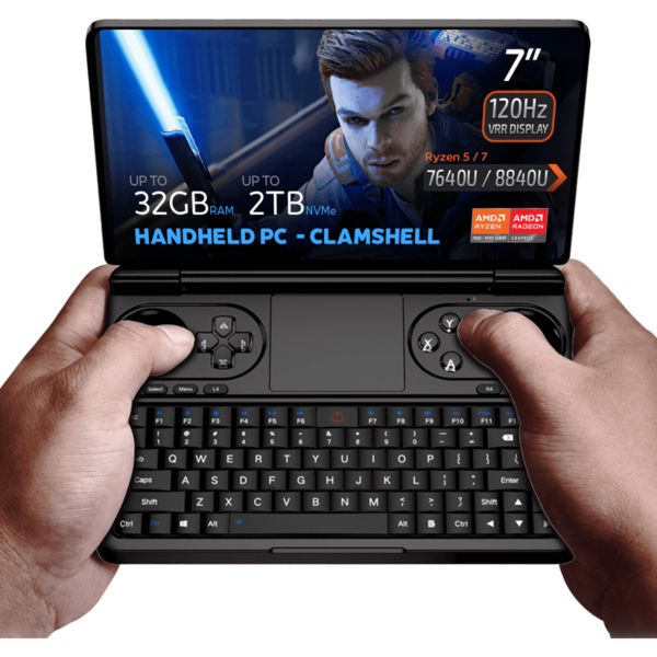 GPD WIN Mini 2024: Kraftfuld håndholdt gaming-pc med 7" FHD 120Hz VRR-skærm. Udstyret med AMD Ryzen 7 8840U, 32 GB RAM, 2 TB NVMe-lager. Clamshell-designet kombinerer fuldt QWERTY-tastatur med spilkontroller, herunder dobbelte joysticks og knapper. Kompakt formfaktor, der ligger godt i hånden. Skærmen viser spilfiguren med et glødende sværd, der fremviser levende grafik. Synlige specifikationer: 7" skærm, 120Hz VRR, Ryzen 7 8840U, 32GB RAM, 2TB lagerplads. "HÅNDHOLDT PC - CLAMSHELL" fremhævet. AMD Ryzen- og Radeon-logoer til stede. Enheden tilbyder bærbar gaming og produktivitet i ét og bygger bro mellem håndholdt konsol og mini-laptop.   