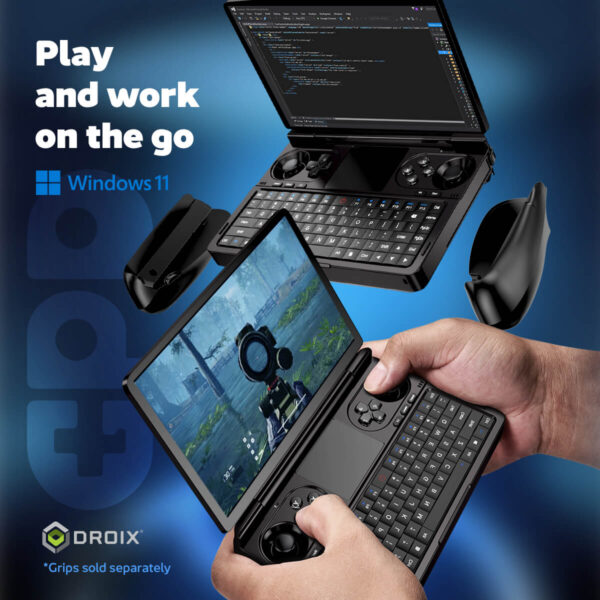 GPD WIN Mini 2024: Powerful handheld gaming PC with 7" FHD 120Hz VRR touchscreen. Features AMD Ryzen 7 8840U CPU, Radeon 780M GPU, 32GB RAM, 2TB NVMe storage. Compact clamshell design with full keyboard and gaming controls. Versatile connectivity including Wi-Fi 6E and Bluetooth 5.2. Runs Windows 11 Home. DROIX branding visible. Compact form factor offers portability and power for gaming and productivity on-the-go.