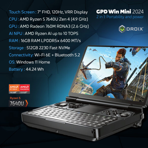 GPD WIN Mini 2024: Powerful handheld gaming PC with 7" FHD 120Hz VRR touchscreen. Features AMD Ryzen 5 7640U CPU, Radeon 760M GPU, 16GB RAM, 512GB NVMe storage. Compact clamshell design with full keyboard and gaming controls. Versatile connectivity including Wi-Fi 6E and Bluetooth 5.2. Runs Windows 11 Home. DROIX branding visible. Compact form factor offers portability and power for gaming and productivity on-the-go.