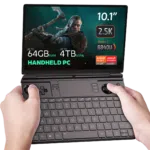The GPD Win Max 2 (2024) is shown running The Witcher game on its display. The device features impressive specifications, including up to 64GB of RAM, up to 4TB SSD NVMe storage, and a Ryzen 7 8840U CPU, highlighting its capability to handle demanding games with ease.