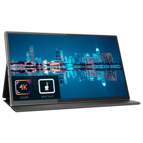 The image shows a sleek 15.6-inch portable monitor with a 4K Ultra HD display and multi-touch capabilities. The screen displays a vibrant cityscape at night, with buildings and their reflections on the water. The monitor is angled slightly to the left, highlighting its slim design and minimal bezels. Two icons are visible on the lower-left corner of the screen: one indicating "4K Ultra HD" and the other indicating "Multi-Touch." The monitor appears to be supported by a foldable stand or cover that blends seamlessly with the overall design.