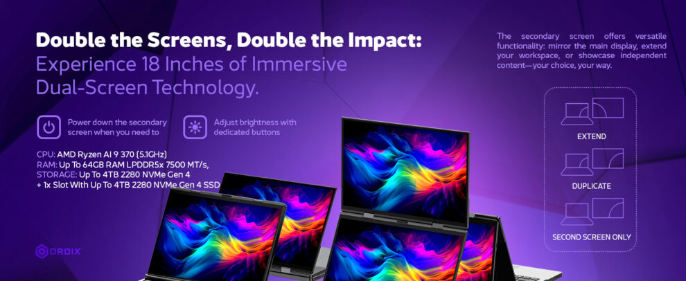 A promotional banner for the GPD DUO-A dual-screen laptop, titled "Double the Screens, Double the Impact: Experience 18 Inches of Immersive Dual-Screen Technology." The background is a purple gradient. The main image features several open GPD DUO-A devices, with their screens displaying a vibrant, abstract, rainbow-colored wallpaper. Text on the left lists key specifications: CPU (AMD Ryzen AI 9 370), RAM (Up to 64GB LPDDR5x), and Storage (Up to 4TB NVMe Gen 4). The right side includes diagrams illustrating the screen modes: EXTEND, DUPLICATE, and SECOND SCREEN ONLY.