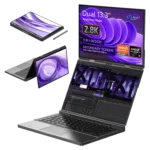 Image of the GPD Duo laptop, showcasing its 3-in-1 design with dual 13.3-inch touchscreen displays, each with 2.8K OLED resolution. The laptop is displayed in various modes: tablet, tent, and dual-screen laptop configurations. The secondary screen supports video input via USB-C. Specifications highlighted include AMD Ryzen 7 8840U series processor with Ryzen AI, up to 64GB LPDDR5x RAM, and up to 8TB PCIe 4.0 NVMe SSD storage