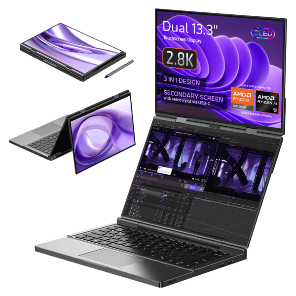 Image of the GPD Duo laptop, showcasing its 3-in-1 design with dual 13.3-inch touchscreen displays, each with 2.8K OLED resolution. The laptop is displayed in various modes: tablet, tent, and dual-screen laptop configurations. The secondary screen supports video input via USB-C. Specifications highlighted include AMD Ryzen 7 8840U series processor with Ryzen AI, up to 64GB LPDDR5x RAM, and up to 8TB PCIe 4.0 NVMe SSD storage