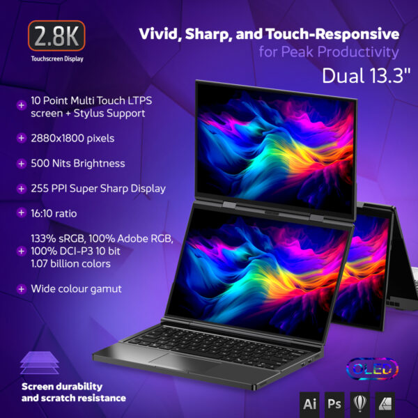 Infographic of the GPD Duo laptop showcasing its vivid, sharp, and touch-responsive dual 13.3-inch touchscreen display. Features include a 2.8K resolution (2880x1800 pixels), 10-point multi-touch LTPS screen with stylus support, 500 nits brightness, 255 PPI super sharp display, 16:10 aspect ratio, and support for 133% sRGB, 100% Adobe RGB, and 100% DCI-P3 color gamut. The screen is durable and scratch-resistant