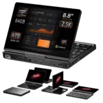 GPD-POCKET-4-INFOGRAPHICS-DONE-370-64-4-01 GPD Pocket 4:n etunäkymä, jossa korostuu sen 8,8-tuumainen 2,5K-kosketusnäyttö, AMD Ryzen AI 9 HX, 64 Gt RAM-muisti ja 4 Tt NVMe SSD. Näytön modulaarinen rakenne, jossa on useita kokoonpanoja ja jossa yhdistyvät kannettavuus ja korkea suorituskyky ammattitehtäviin.