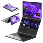 GPD-DUO-LISTING-INFOGRAPHICS-01-64-8 - GPD | PC Gaming Handhelds & Mini Laptops Image of the GPD Duo laptop showcasing its 3-in-1 design, featuring a dual 13.3-inch touchscreen display with 2.8K resolution. The laptop is displayed in different modes: tablet mode, tent mode, and dual-screen laptop mode. The secondary screen supports video input via USB-C. The specifications include an AMD Ryzen AI 9 processor, 64GB LPDDR5x RAM, and 8TB PCIe 4.0 NVMe SSD storage.