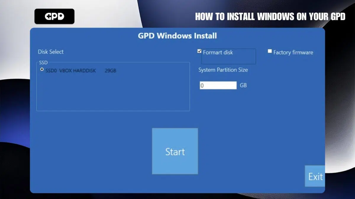 Choisissez Format Disk, entrez la taille et appuyez sur la touche START.