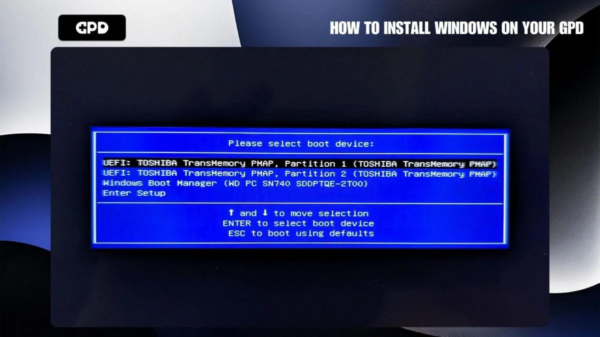 Menu de démarrage du GPD
