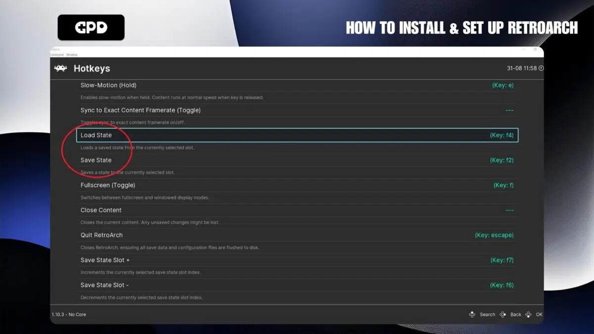RetroArch Φόρτωση Αποθήκευση κατάστασης