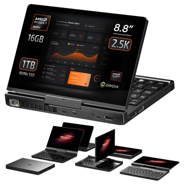 Front view of the GPD Pocket 4 showcasing its 8.8-inch 2.5K touchscreen display, powered by AMD Ryzen 7 8840U, with 16GB RAM and 1TB NVMe SSD. Includes modular design configurations with various laptop modes and a compact form factor for portability and productivity.