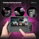 The GPD WIN 4 (2025) showcases its Precision Gaming Controls, designed for an immersive and versatile gaming experience. Key highlights include: ALPS 3D Joysticks with L3/R3 support for accurate and responsive gameplay. L1/R1 triggers featuring customizable RGB lighting for added style and functionality. 2 Programmable Back Buttons with an ergonomic 27-degree angle for seamless access during intense gaming sessions. The image also emphasizes the slide-up QWERTY keyboard, perfect for chatting and multitasking in-game, paired with a vivid display showing Assassin’s Creed Valhalla and a comprehensive game library. The tagline reinforces the advanced control options, making the device an ideal portable gaming companion.