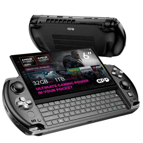 A close-up of the GPD WIN 4 (2025), highlighting the AMD Ryzen 7 8840U processor and AMD Radeon 780M Graphics. It features 32GB RAM and a 1TB NVMe SSD. The tagline reads, "Ultimate Gaming Power in Your Pocket", emphasizing its portable design.