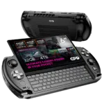 A sleek gaming handheld device with a 6" Full HD touchscreen display showcasing its compact QWERTY keyboard and powerful specs. Features include AMD Ryzen AI Pro 9 HX processor, up to 32GB RAM, and 4TB NVMe SSD storage. Highlighted text reads, "Ultimate Gaming Power in Your Pocket."
