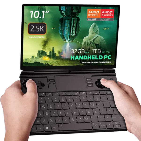 Image of the GPD Win Max 2 2025 handheld PC with a 10.1-inch 2.5K touchscreen display. Featured specifications include AMD Ryzen 7 8840U CPU, AMD Radeon 780M RDNA 3 GPU, 32GB LPDDR5x RAM, and 1TB M.2 SSD storage. The display shows a futuristic gaming scene, highlighting its high-performance capabilities.
