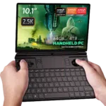 Image of the GPD Win Max 2 2025, a handheld gaming PC with a 10.1-inch 2.5K touchscreen display. It features AMD Ryzen AI Pro 9 HX and Radeon 8000 Series graphics. The device boasts up to 64GB RAM and up to 4TB M.2 SSD storage, with built-in gaming controls and a full QWERTY keyboard. The screen displays a futuristic gaming scene with vibrant visuals, emphasizing its advanced performance capabilities.