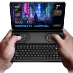 Hands holding the GPD Win Mini 2025, a compact clamshell handheld PC with a 7-inch 120Hz VRR display, AMD Ryzen 7 8840U processor, AMD Radeon Graphics, 16GB RAM, and 1TB NVMe storage, displayed against a futuristic cyberpunk background.