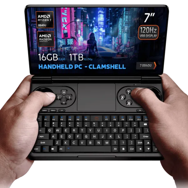 Hands holding the GPD Win Mini 2025, a compact clamshell handheld PC with a 7-inch 120Hz VRR display, AMD Ryzen 7 8840U processor, AMD Radeon Graphics, 16GB RAM, and 1TB NVMe storage, displayed against a futuristic cyberpunk background.