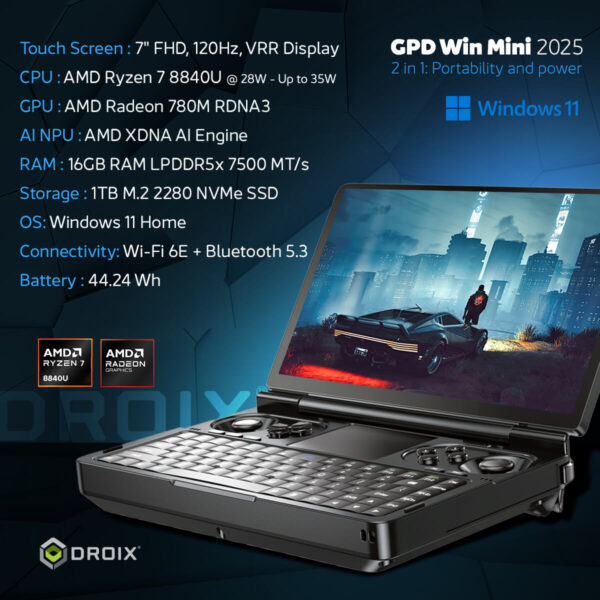 A promotional image of the GPD Win Mini 2025 gaming laptop with a focus on a 1TB M.2 2280 NVMe SSD option. The image retains the cyberpunk-themed background and detailed specifications, emphasizing the device's blend of compact portability and robust performance.
