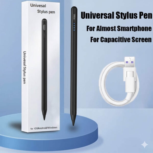 A product shot showing the black stylus pen, its white retail box, and a coiled white USB-C charging cable. The text confirms it is a "Universal Stylus Pen" for "Capacitive Screen."