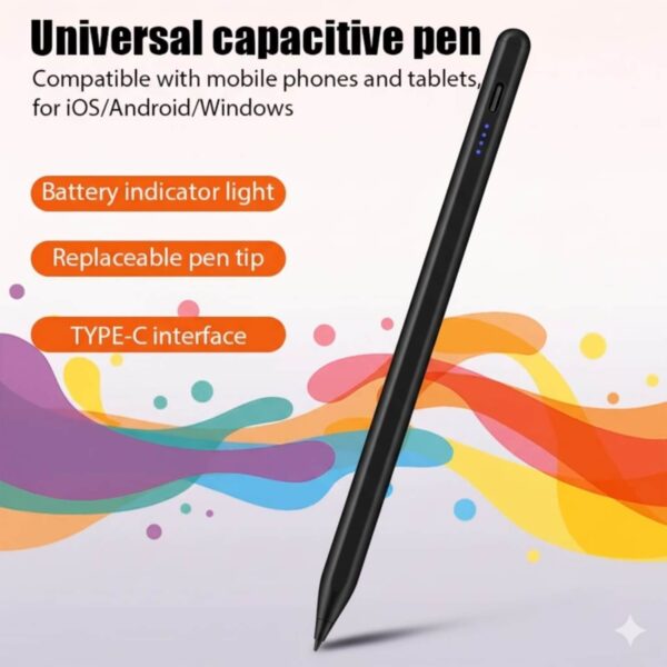 A black stylus pen is shown at an angle over a colorful, abstract background. Highlighted features include a "Battery indicator light," "Replaceable pen tip," and "TYPE-C interface."