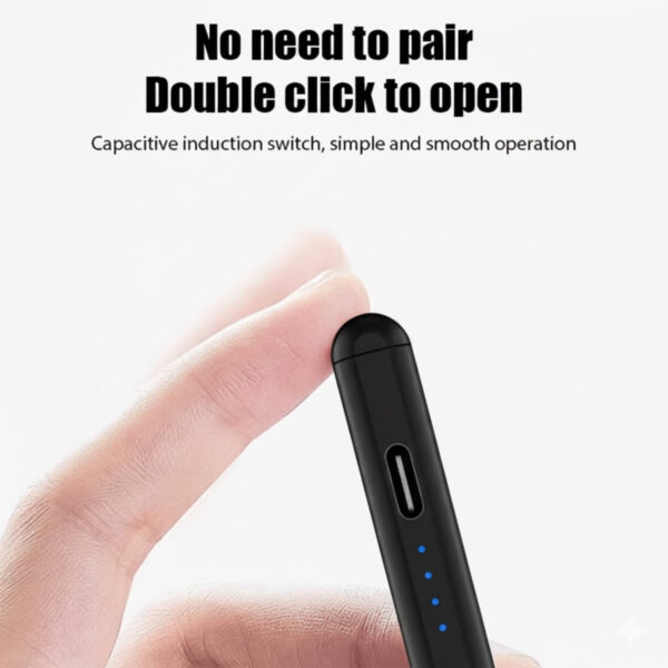 A close-up of a finger tapping the top of the black stylus pen, showing the simple, "Double click to open" power function. The pen's blue LED indicator lights are visible.