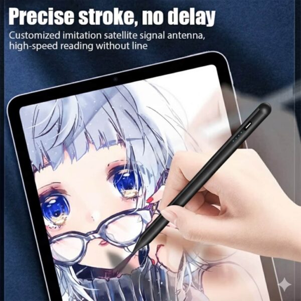 A close-up shot of a hand using a black stylus pen to draw a detailed, anime-style portrait on a tablet screen. The overlaid text reads, "Precise stroke, no delay."