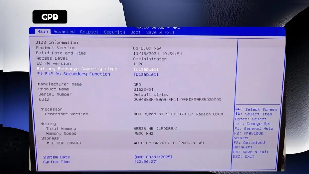 GPD Duo - BIOS Main