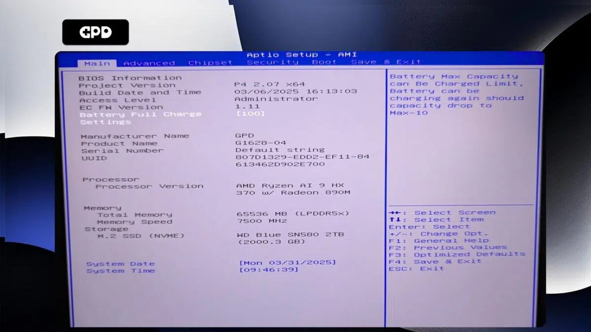 GPD Pocket 4 - BIOS Main
