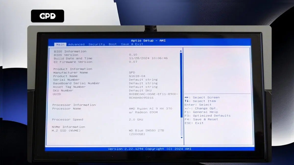 GPD WIN 4 2025 - BIOS Main