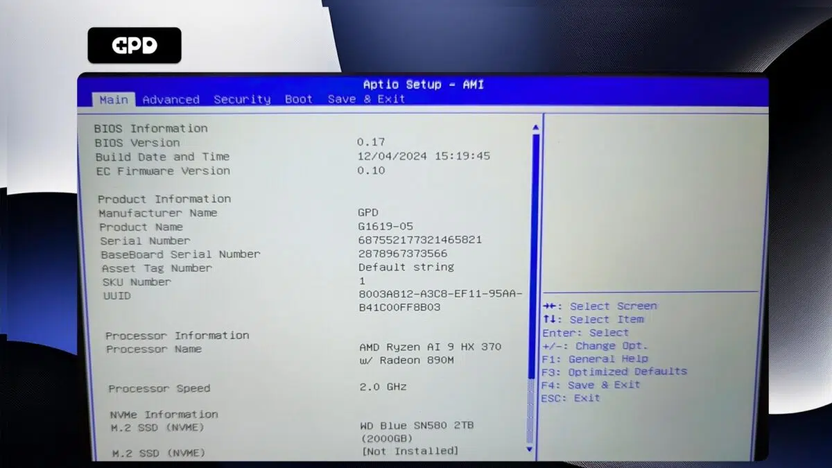 GPD WIN MAX 2 2025 - BIOS Main
