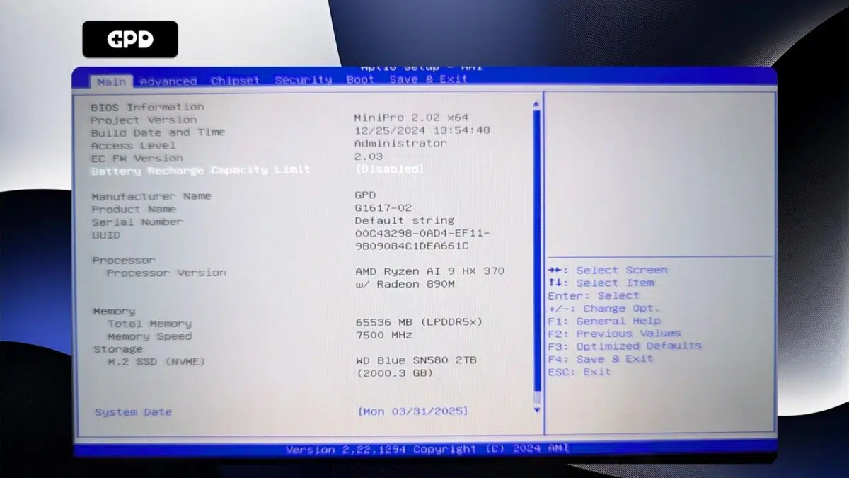 GPD WIN Mini 2025 - BIOS Main