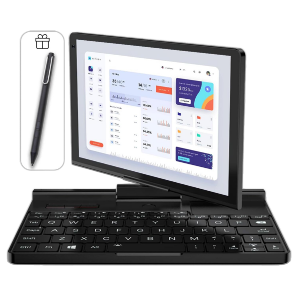 A black GPD Pocket 3 mini laptop is shown in a two-in-one configuration, with its touchscreen rotated and angled above the keyboard. The screen displays a dashboard interface with various charts and data. To the left of the laptop, a small graphic of a gift box is shown, next to a black stylus pen, indicating that it is an included accessory. The background is a light grey.