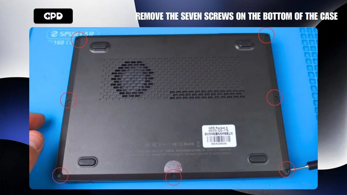 GPD Pocket 4 Viftebytte - Fjern de syv skruene