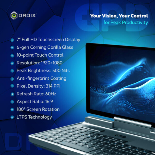 A promotional image for the "GPD MicroPC 2" showing its "2 IN 1 Yoga ULTRABOOK" design and specifications. A GPD MicroPC 2 is displayed, open in laptop mode at an angle, with a data-driven dashboard on its screen. The left side of the image lists its key specifications: storage, touch screen, CPU, GPU, RAM, OS, wireless connection, and battery. Logos for "intel processor" and "Windows 11 Pro" are in the bottom left corner. The "DROIX" logo is in the top right.