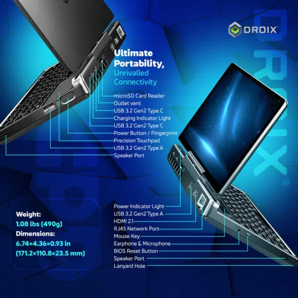 An infographic for the GPD MicroPC 2, highlighting its "Ultimate Portability, Unrivalled Connectivity" with detailed port and control labels. The image shows two devices from different angles against a blue hexagonal background. Blue lines point from the ports and controls to their respective labels, such as "Power Button / Fingerprint," "RJ45 Network Port," and "HDMI 2.1." The bottom left lists the device's weight at "1.08 lbs (490g)" and its dimensions.