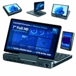 A promotional image showcasing the versatile display modes of the GPD MicroPC 2. A central image shows the device open in laptop mode, with a detailed dashboard on its screen. Around it, smaller versions of the device are shown in different orientations: in tablet mode, inverted V-shape, and portrait mode. Bullet points at the bottom highlight key features like the processor, screen size, and storage capacity. The background is a solid dark green.