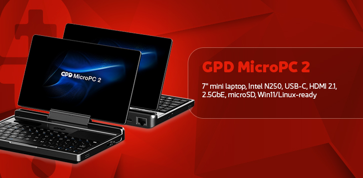 A close-up shot of two GPD MicroPC 2 mini laptops, angled slightly to the left, against a vibrant red background. The laptop in the foreground is open, displaying a blue abstract desktop wallpaper with "GPD MicroPC 2" visible on the screen. Its keyboard is visible, and it has a compact, rugged design. The second laptop is positioned behind and to the right of the first, also open and showing a similar blue wallpaper. To the right of the laptops, a white text box with rounded corners contains the product name "GPD MicroPC 2" in large red letters, followed by "7" mini laptop, Intel N250, USB-C, HDMI 2.1, 2.5GbE, microSD, Win11/Linux-ready" in smaller white text.