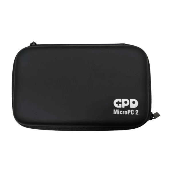 A front-facing shot of a closed, black hard shell case for the GPD MicroPC 2, against a grey background. The case is rectangular with rounded corners and features a white "GPD MicroPC 2" logo in the bottom right corner. The case is zipped shut.