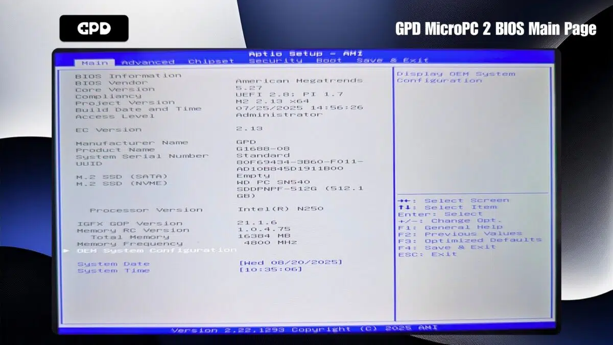 Halaman Utama BIOS GPD MicroPC 2