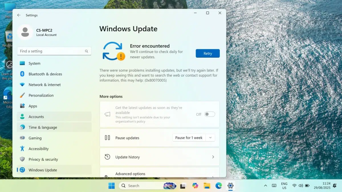 GPD MicroPC 2 Windows Update Retry Prompt