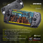 A dynamic infographic showcasing the black GPD WIN 5 handheld gaming console. The device is angled with its screen displaying the title screen for the game Cyberpunk 2077: Gangs of Night City - The Board Game. The back of another GPD WIN 5 is visible in the background. The title reads, "GPD WIN 5: Desktop Performance. Handheld Freedom." Below the console, a detailed list of maximum specifications is provided: 7" Full HD Gaming Display, AMD Ryzen™ AI Max 385 / Max+ 395 CPU, Up To 128GB LPDDR5x RAM, Up To 4TB M.2 PCIe 4.0 NVMe SSD, and an 80Wh Detachable Battery. The Windows 11 logo and AMD Ryzen AI Max and AMD Radeon 8050S logos are also displayed.