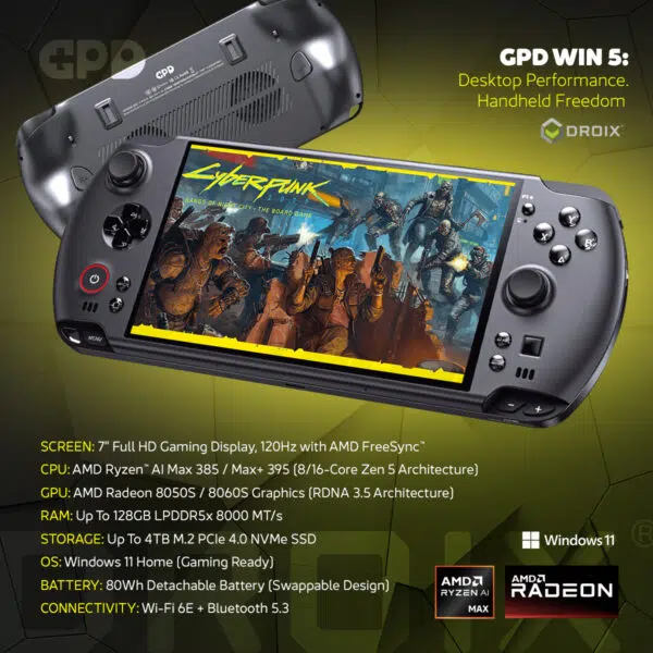 A dynamic infographic showcasing the black GPD WIN 5 handheld gaming console. The device is angled with its screen displaying the title screen for the game Cyberpunk 2077: Gangs of Night City - The Board Game. The back of another GPD WIN 5 is visible in the background. The title reads, "GPD WIN 5: Desktop Performance. Handheld Freedom." Below the console, a detailed list of maximum specifications is provided: 7" Full HD Gaming Display, AMD Ryzen™ AI Max 385 / Max+ 395 CPU, Up To 128GB LPDDR5x RAM, Up To 4TB M.2 PCIe 4.0 NVMe SSD, and an 80Wh Detachable Battery. The Windows 11 logo and AMD Ryzen AI Max and AMD Radeon 8050S logos are also displayed.