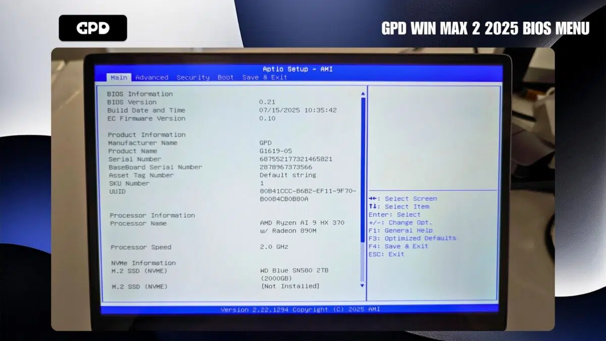 Izbornik BIOS-a za GPD WIN MAX 2 2025