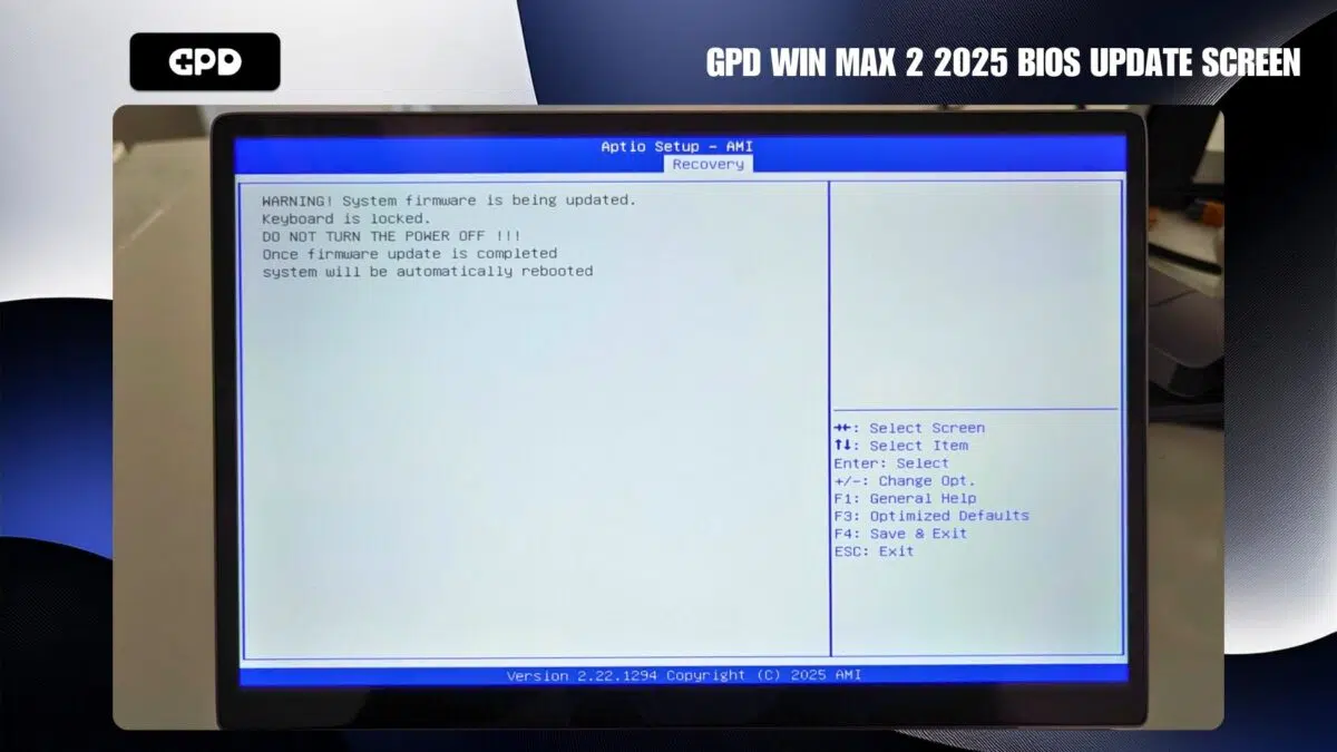Zaslon za ažuriranje BIOS-a za GPD WIN MAX 2 2025
